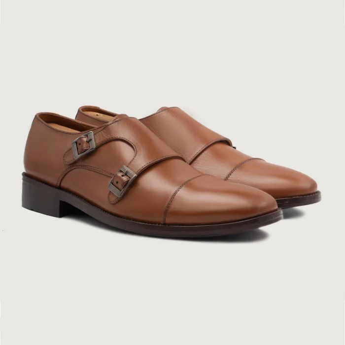 Boston Double Monk Strap Tan Leather Shoes