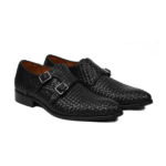 Berlin Black Hand Woven Leather Double Monk Strap Shoes