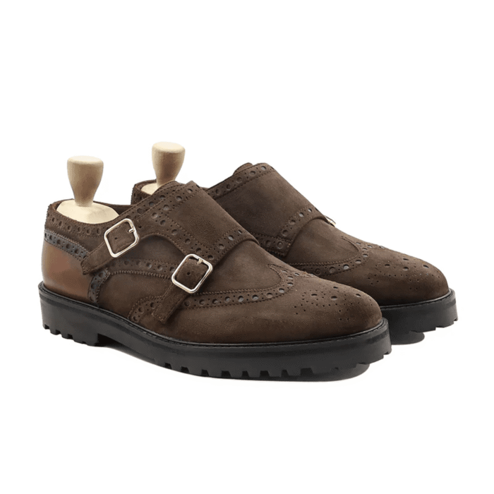 Cairo Dark Brown Kid Suede Double Monk Strap Shoes