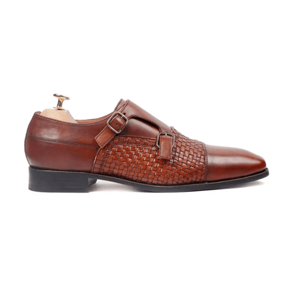 Cripple Reddish Brown Hand Woven Leather Double Monk Strap Shoes