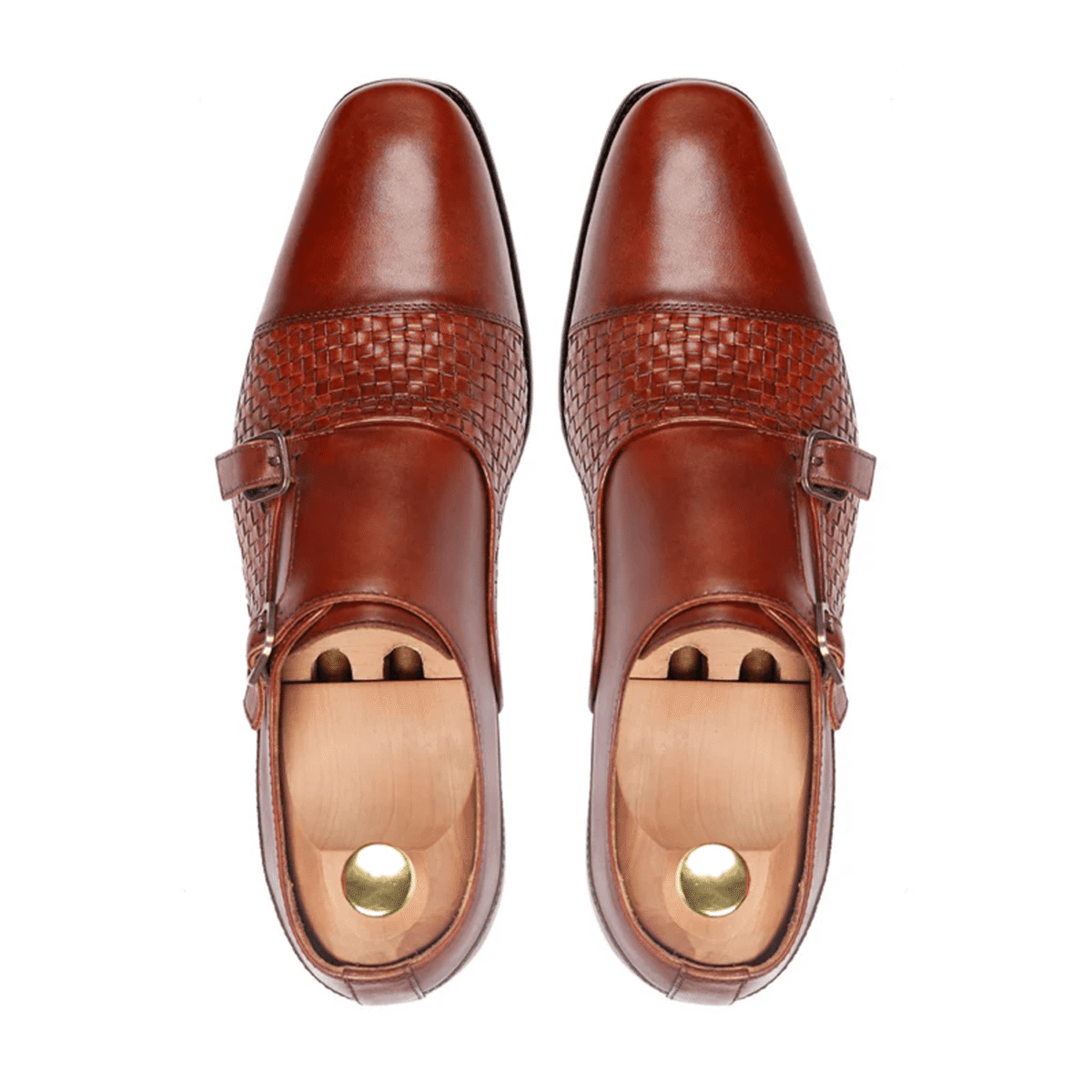 Cripple Reddish Brown Hand Woven Leather Double Monk Strap Shoes