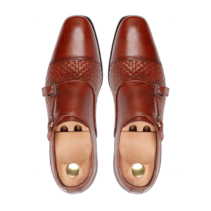 Cripple Reddish Brown Hand Woven Leather Double Monk Strap Shoes