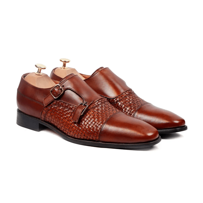 Cripple Reddish Brown Hand Woven Leather Double Monk Strap Shoes
