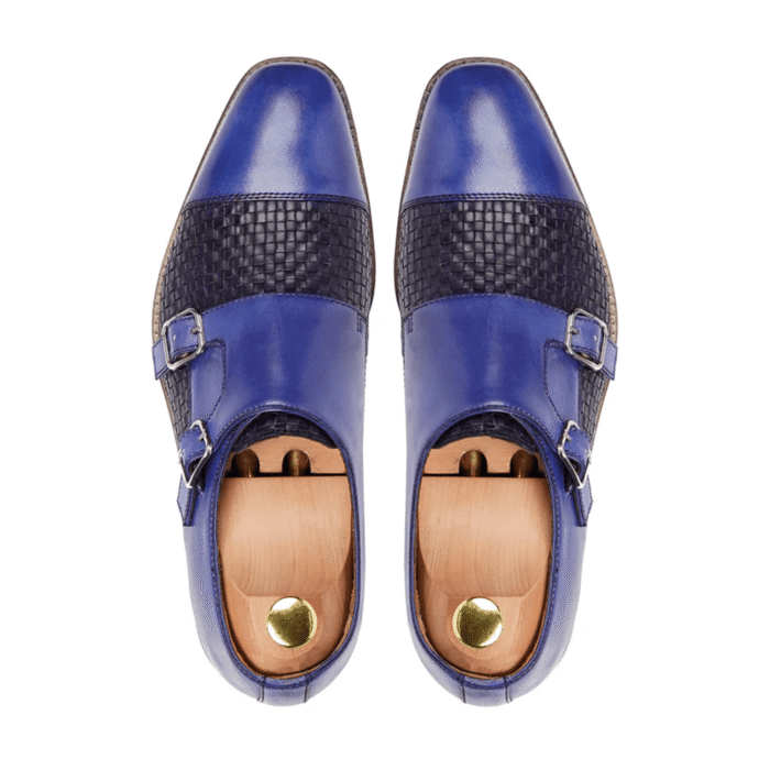 Danbury Blue Hand Woven Leather Double Monk Strap Shoes