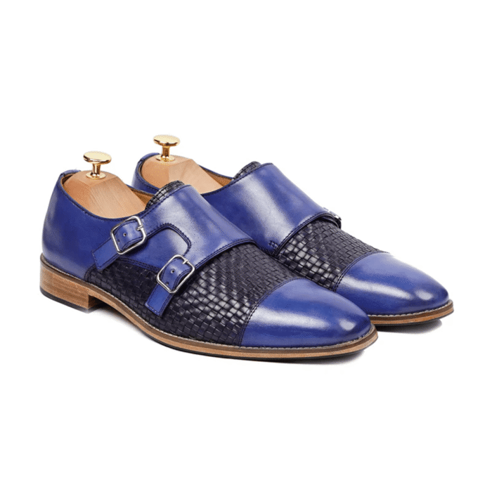 Danbury Blue Hand Woven Leather Double Monk Strap Shoes