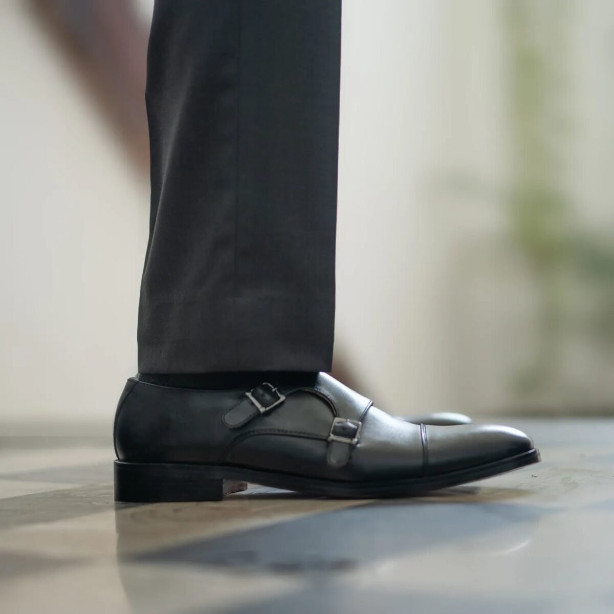 Danvers Black Leather Double Monk Strap Shoes