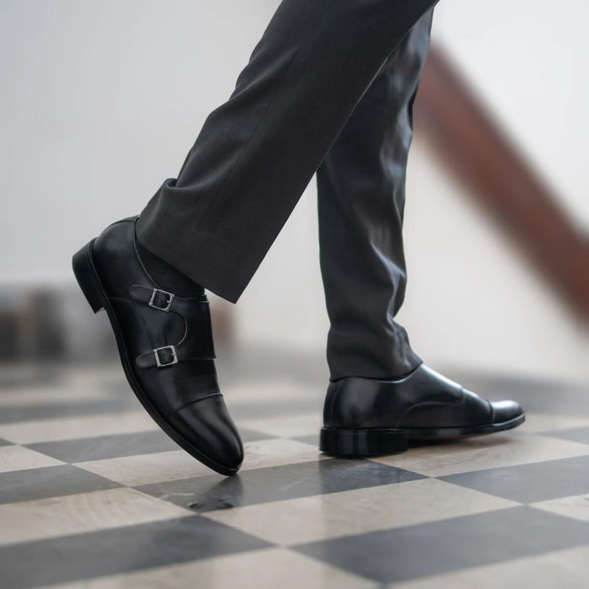Danvers Black Leather Double Monk Strap Shoes