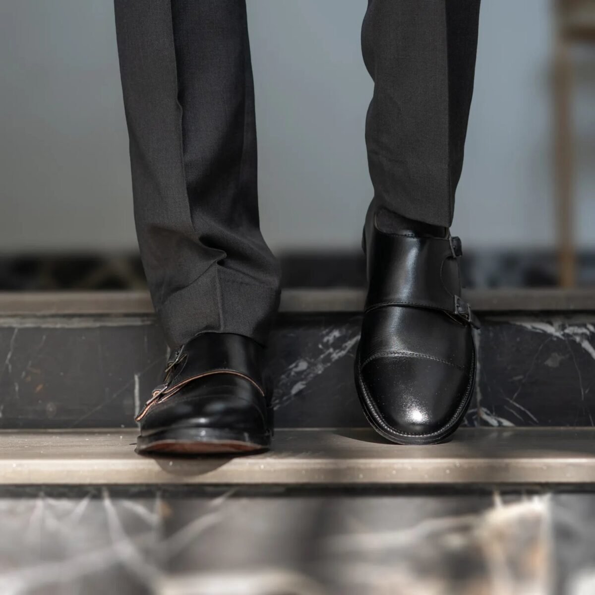 Danvers Black Leather Double Monk Strap Shoes