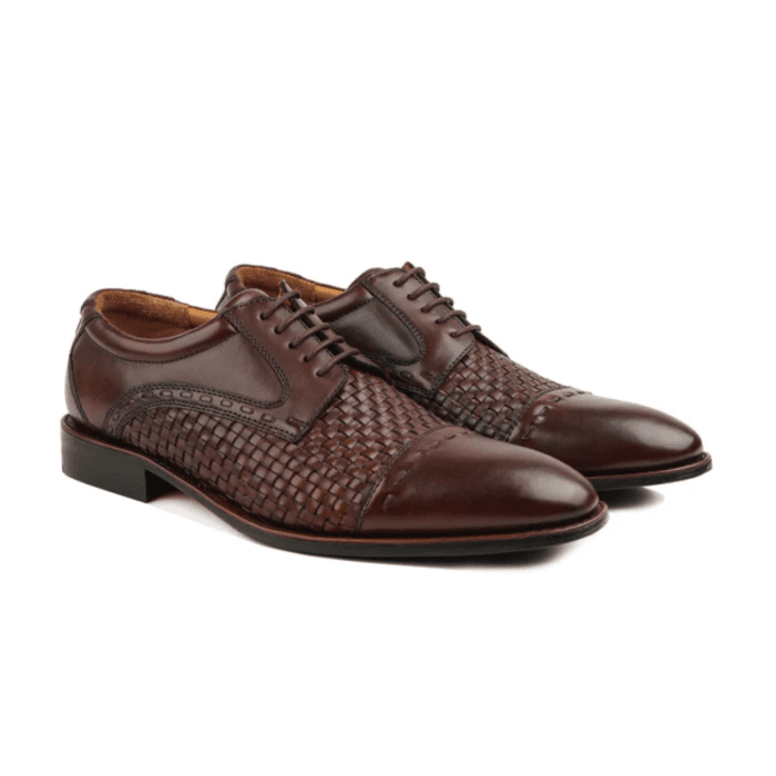 Gorzow - Men's Dark Brown Calf and Hand Woven Calf Leather Derby Shoe