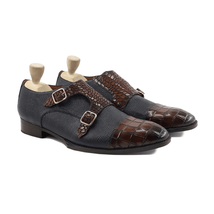 Shiloh - Men's Black Pebble Grain and Brown Patina Calf Leather Double Monkstrap