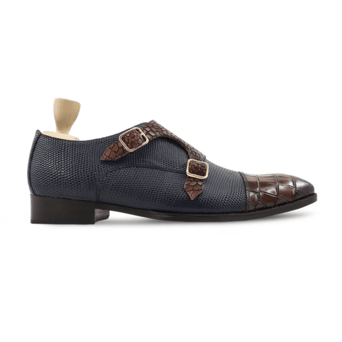 Shiloh - Men's Black Pebble Grain and Brown Patina Calf Leather Double Monkstrap