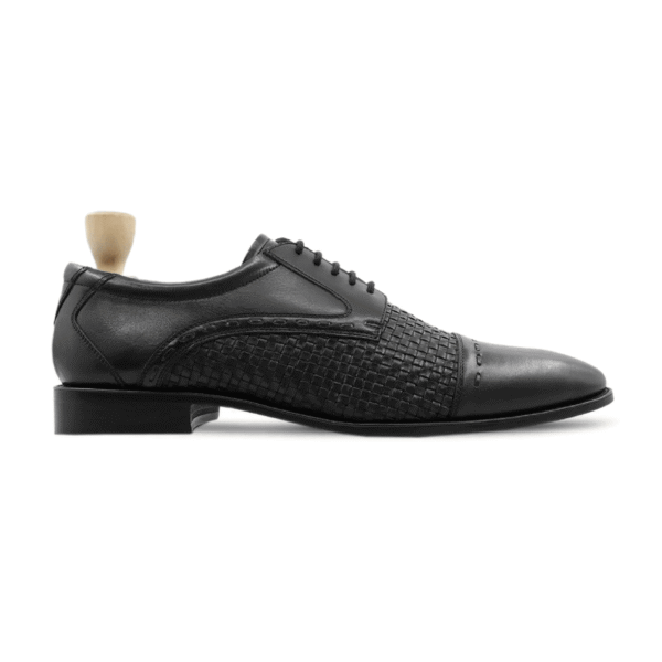 Streator Black Hand Woven Leather Derby Shoes