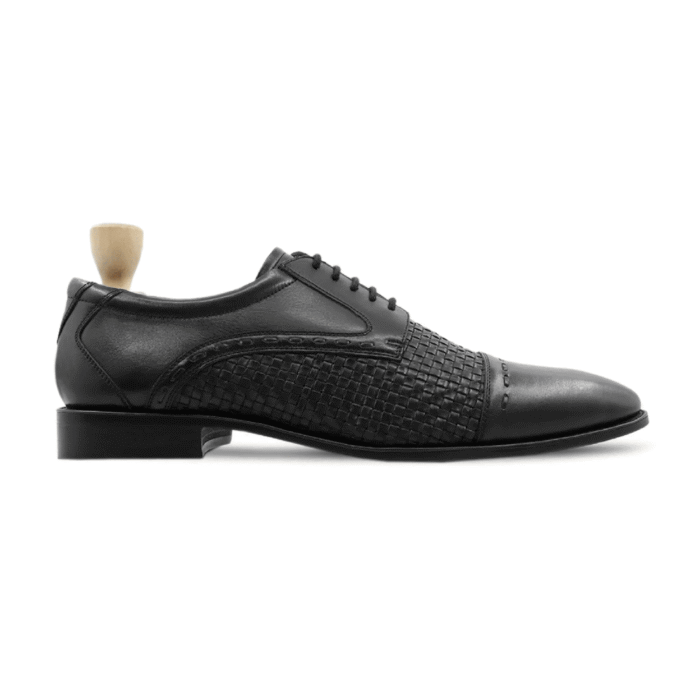 Streator Black Hand Woven Leather Derby Shoes