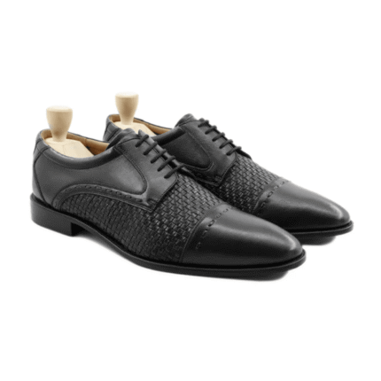 Streator Black Hand Woven Leather Derby Shoes