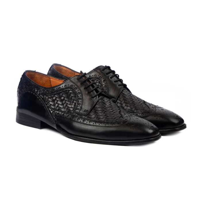 Athens Black Hand Woven Leather Derby Shoes