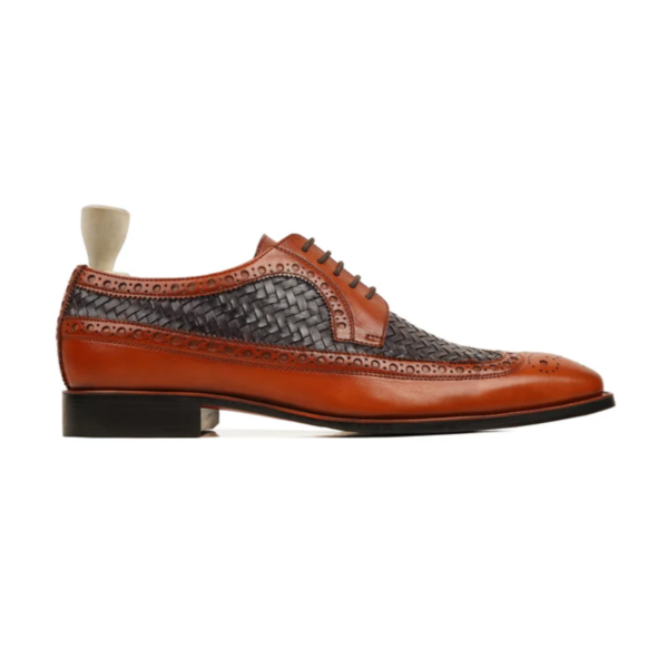 Clanton Tan Black Hand Woven Leather Derby Shoes