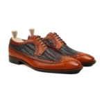 Clanton Tan Black Hand Woven Leather Derby Shoes