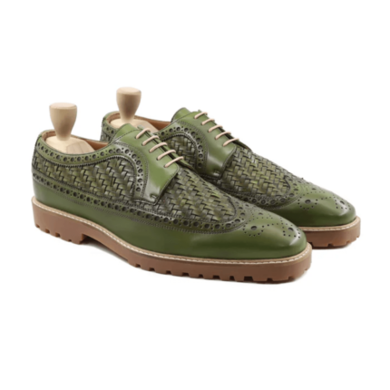 Merced Light Green Hand Woven Leather Derby Shoes