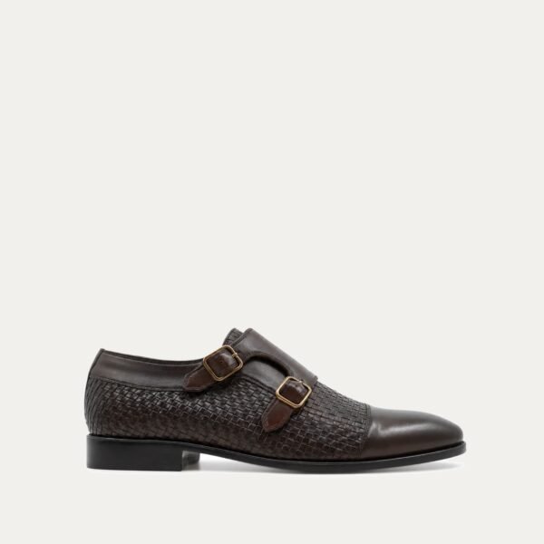 Alingsas - Men's Dark Brown Calf and Hand Woven Calf Leather Double Monkstrap