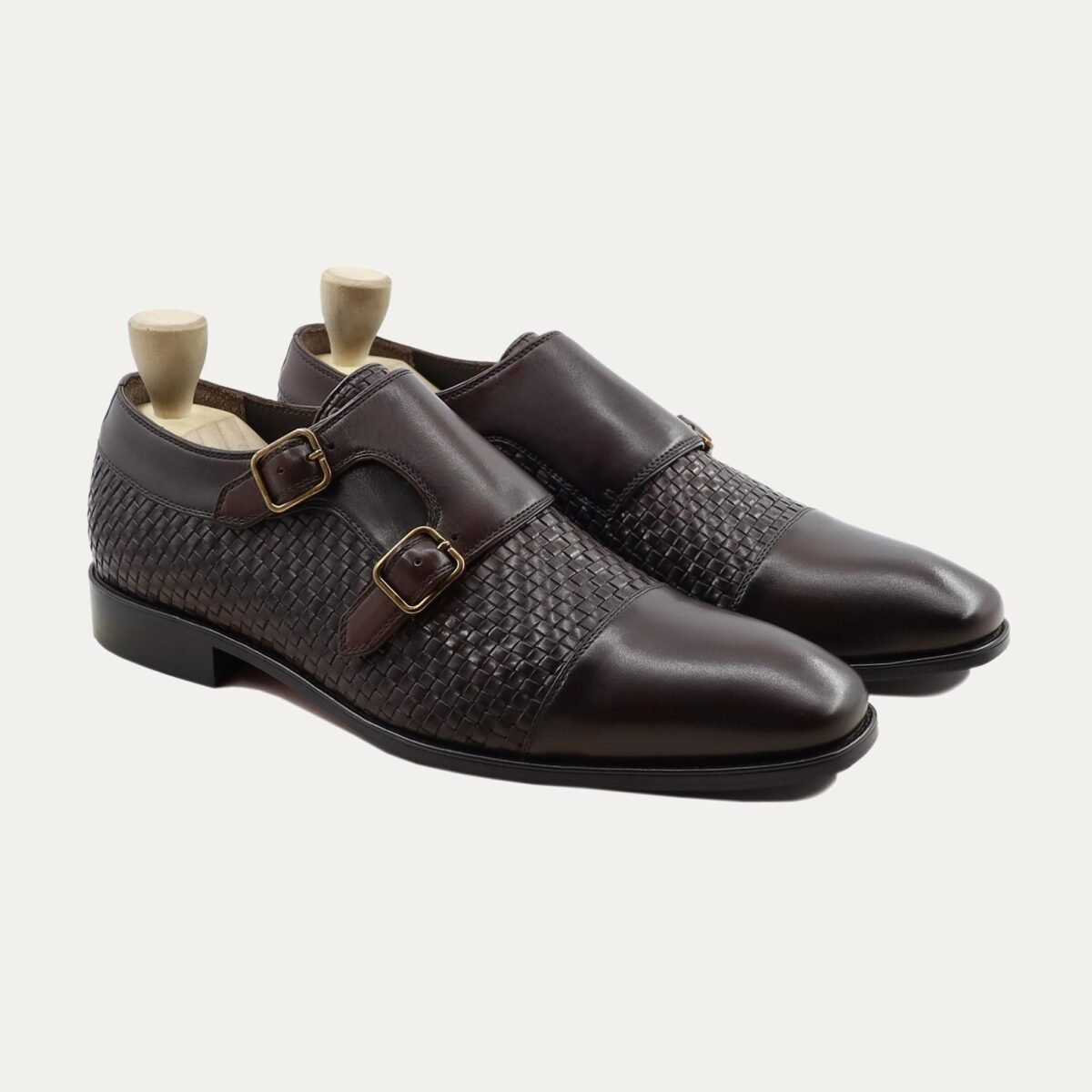 Alingsas - Men's Dark Brown Calf and Hand Woven Calf Leather Double Monkstrap