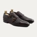 Alingsas - Men's Dark Brown Calf and Hand Woven Calf Leather Double Monkstrap