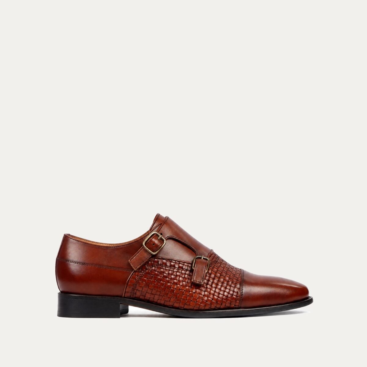 Alingsas - Men's Dark Brown Calf and Hand Woven Calf Leather Double Monkstrap