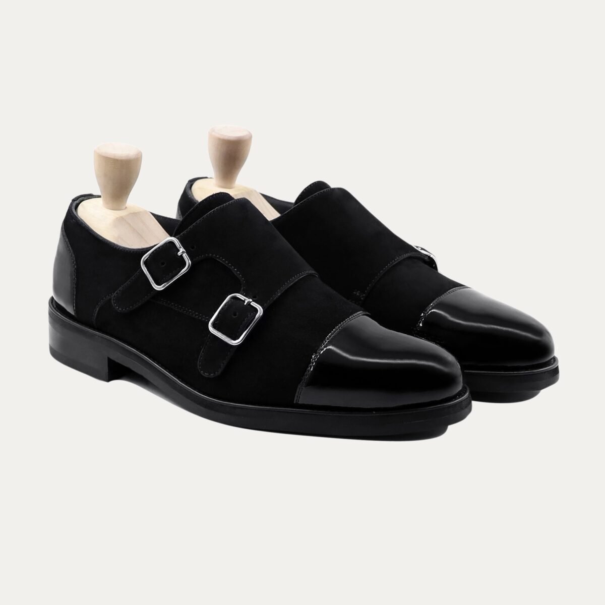 Carden - Men's Black Patent Leather and Kid Suede Double Monkstrap