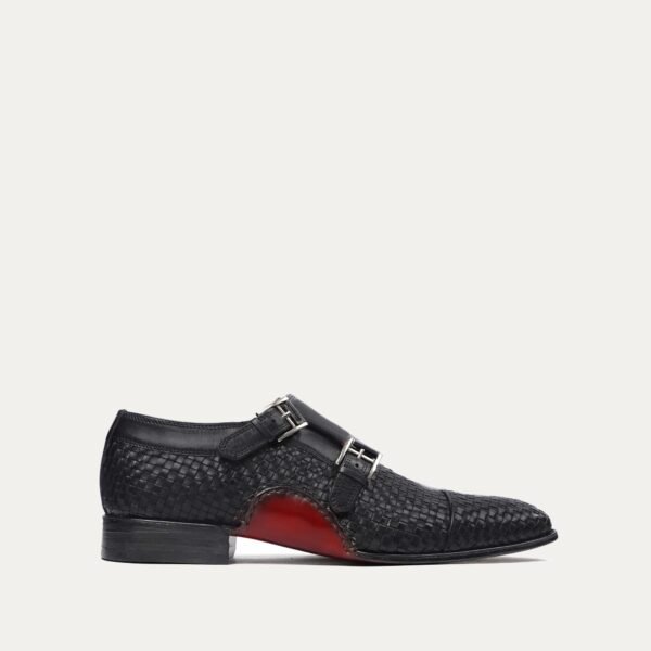 Dasoki - Men's Black Hand Woven Calf Leather Double Monkstrap