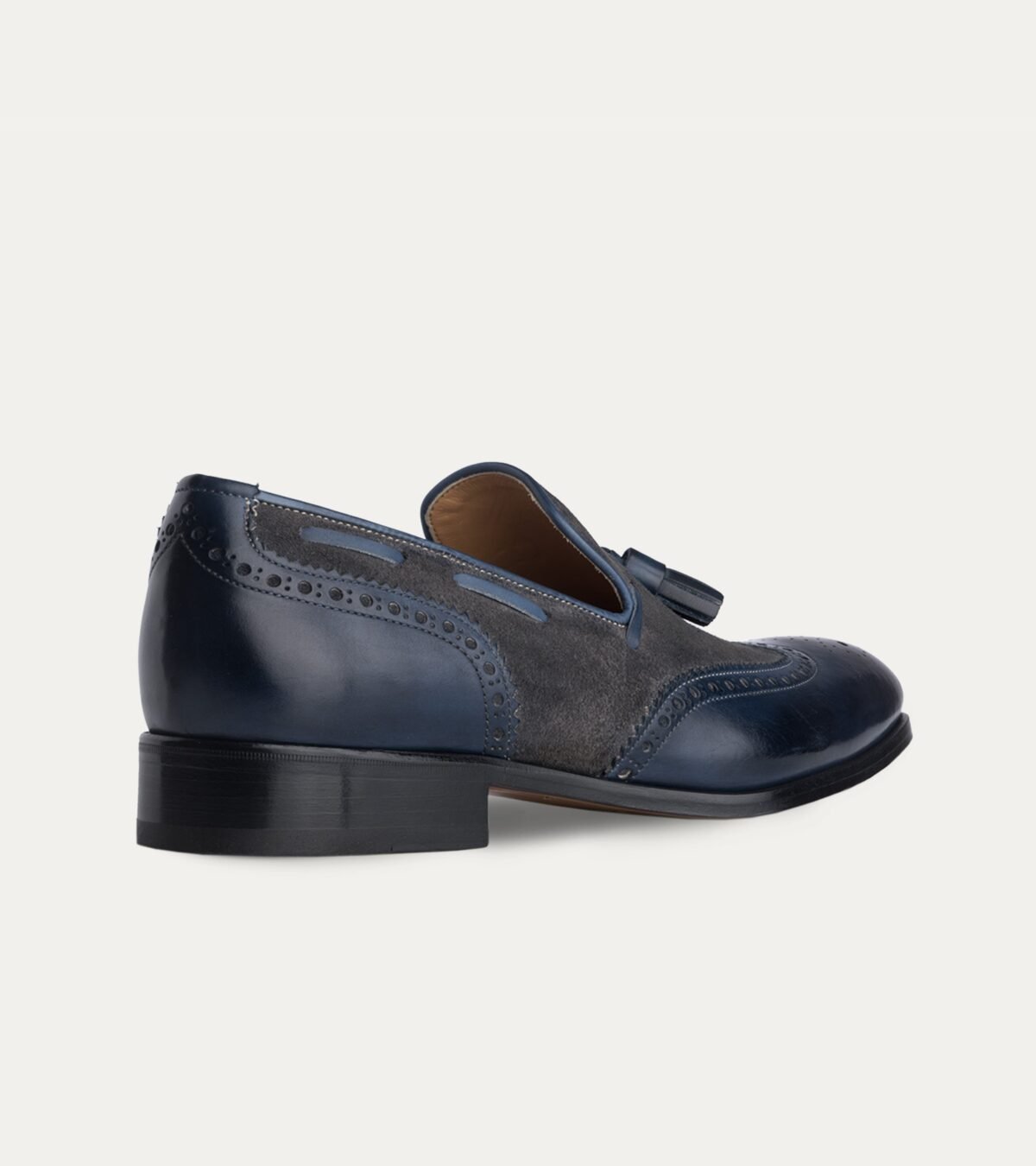 Dress Shoe Wingtip Tassel Loafer Blue Antique Leather & Grey Suede