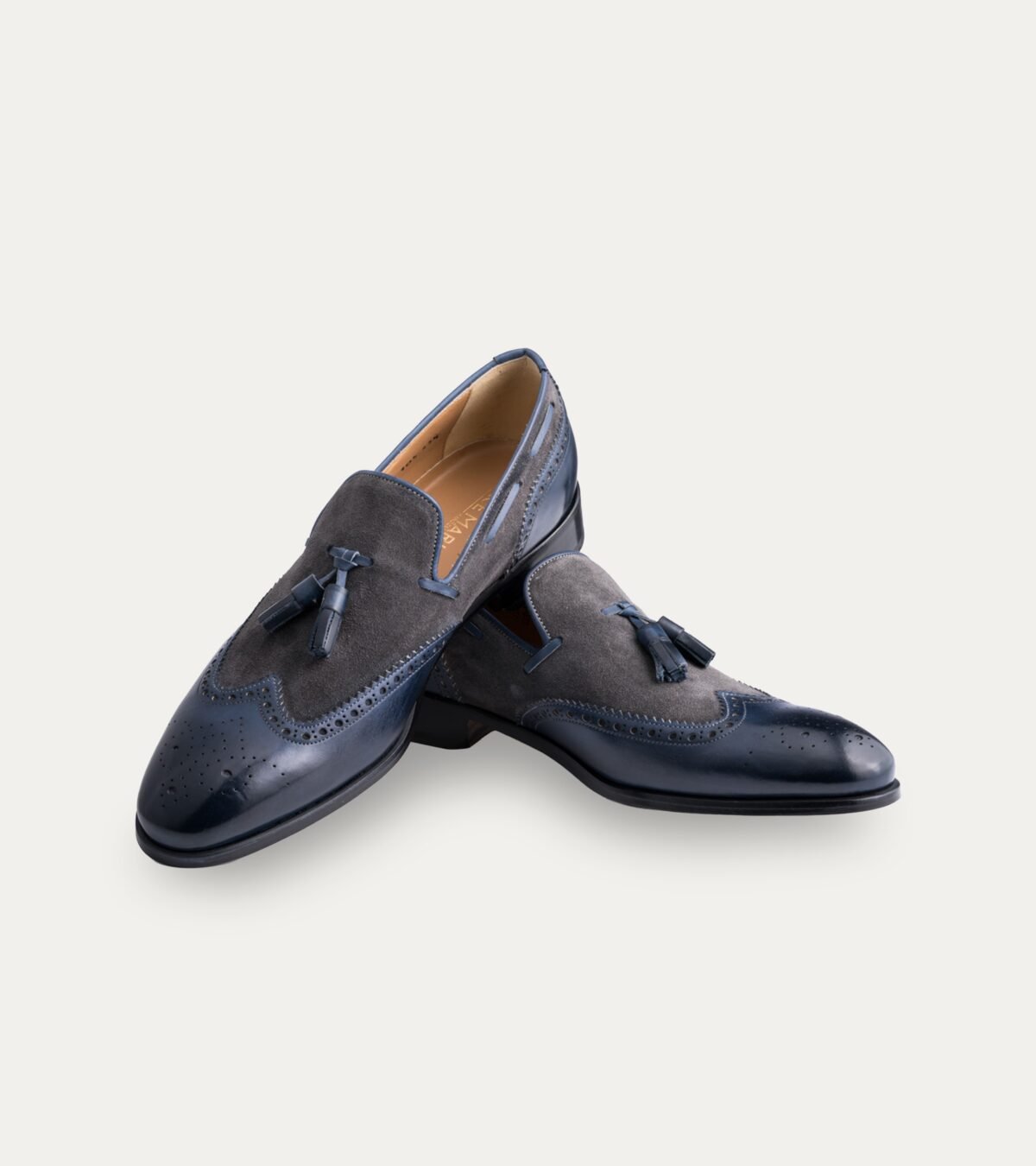 Dress Shoe Wingtip Tassel Loafer Blue Antique Leather & Grey Suede