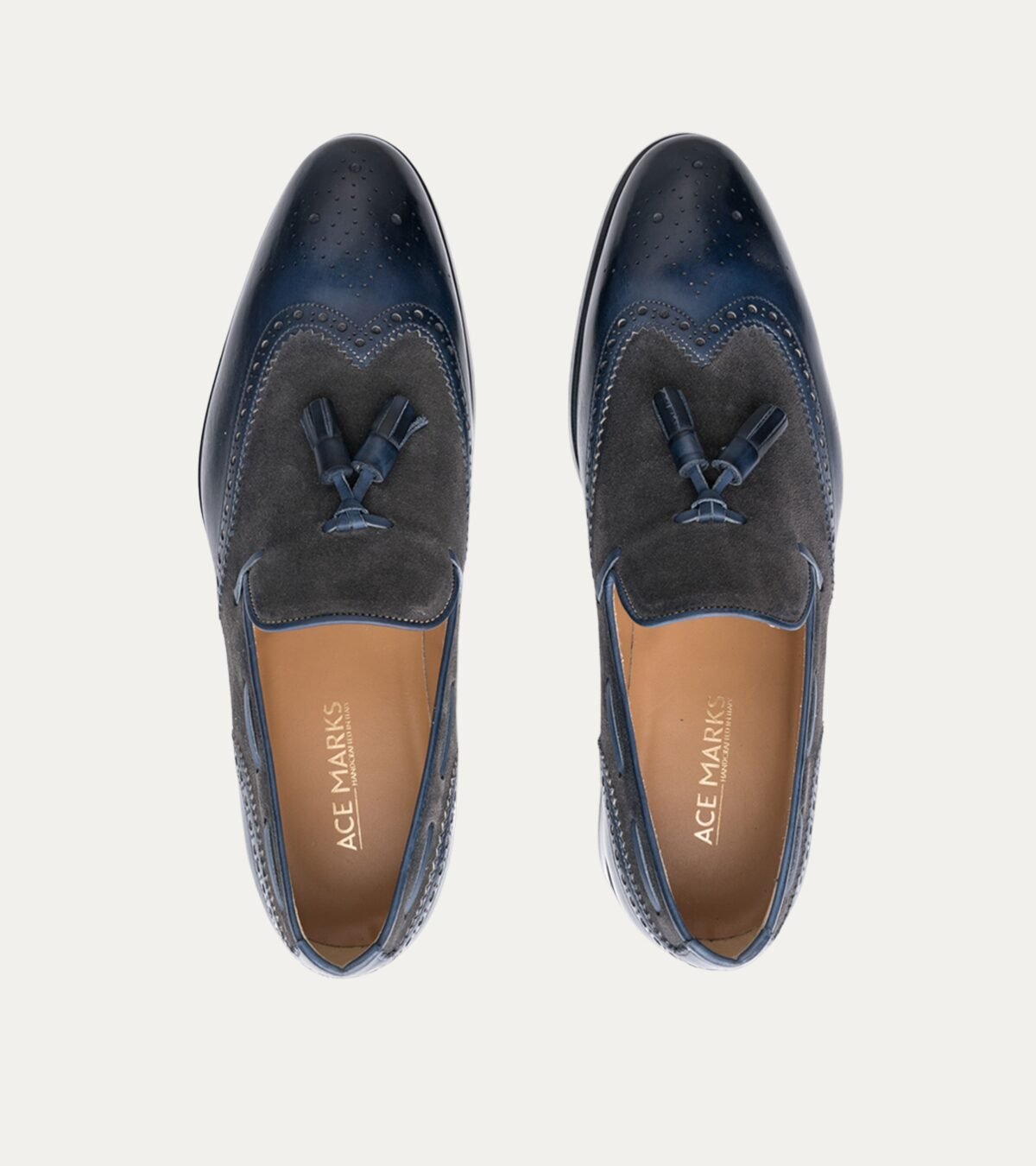 Dress Shoe Wingtip Tassel Loafer Blue Antique Leather & Grey Suede