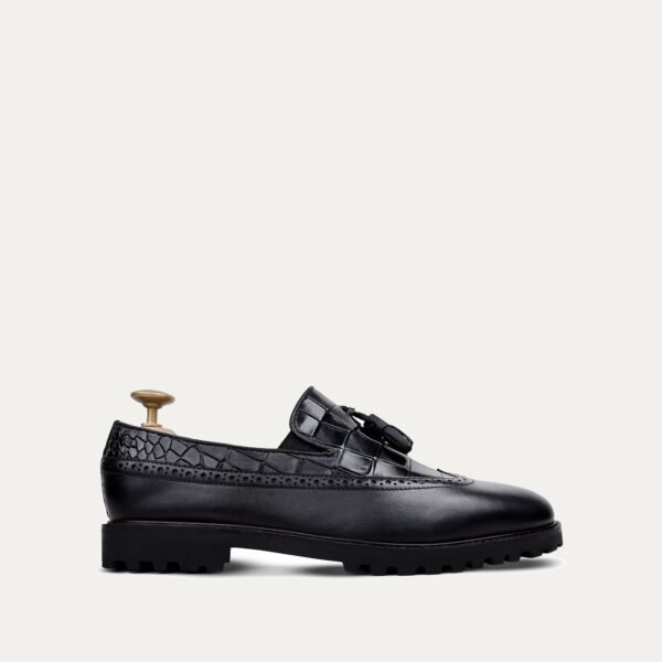 Luther - Men's Black Calf Leather & Crocodile Printed Loafer